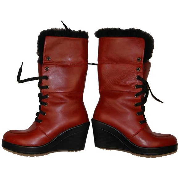 Alpi Sole Women's 36 Red Leather Black Fur Wedge Heeled Winter Boots - Picture 6 of 6